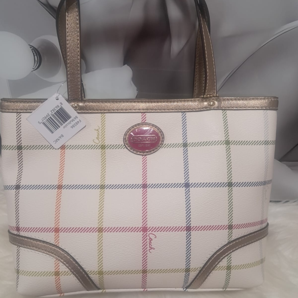 Coach White and Gold Plaid Tote Bag NWT - Picture 5 of 6